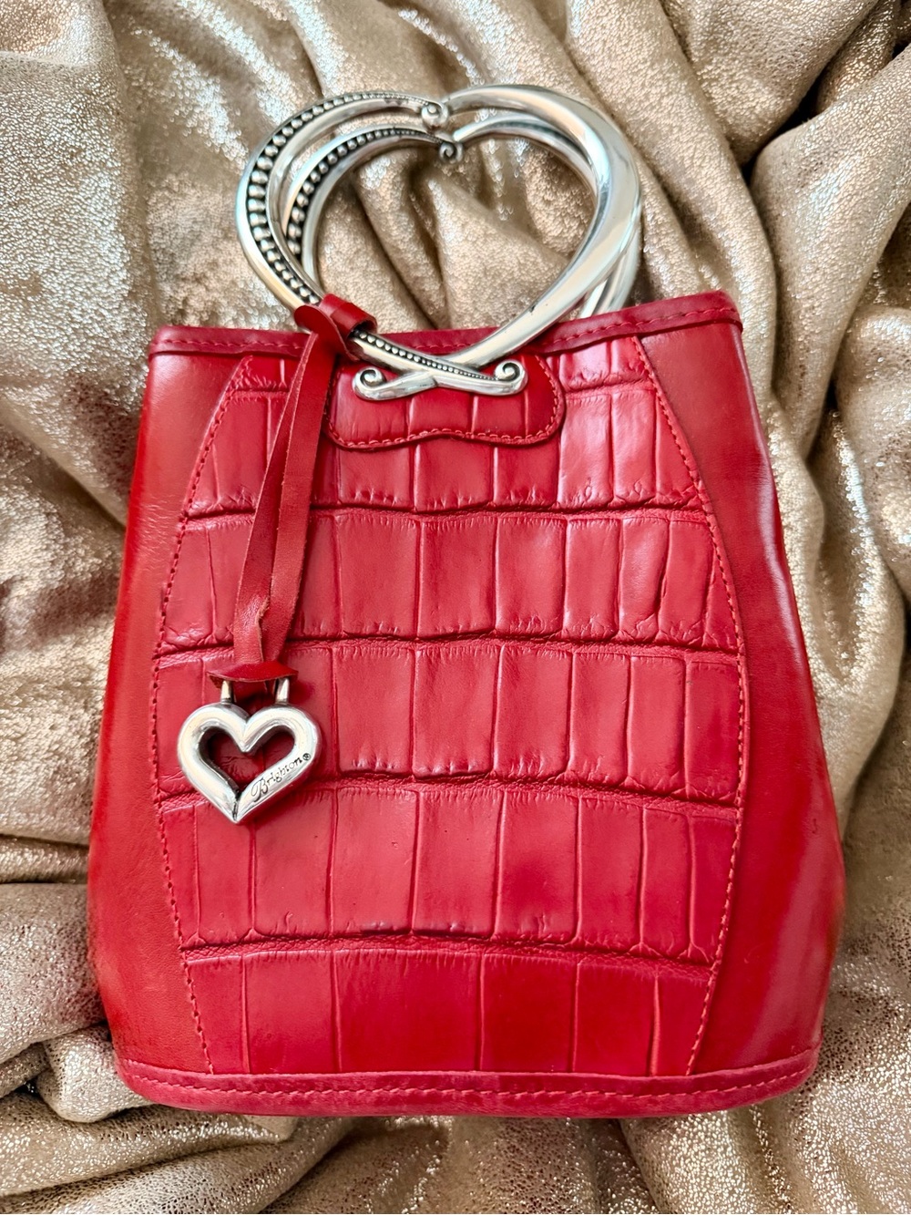Red Croc-Embossed Heart Handle Tote Bag